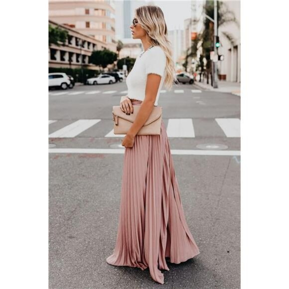 High Waist Pleated Chiffon Maxi Skirt Flowy Long Boho Skirt - Picture 3 of 6